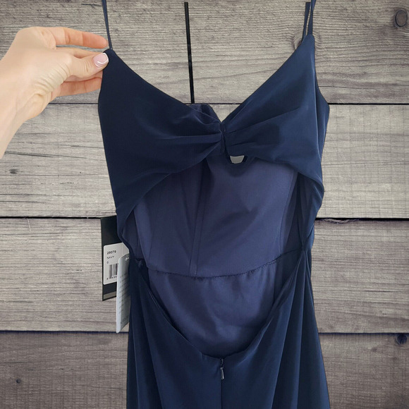 NWT La Femme Navy Gown High Slit Jersey Ruched Dress 6 MSRP $349 - Picture 6 of 10